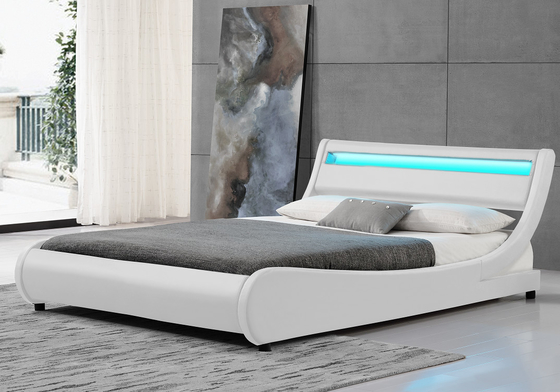 إطار سرير منجد LED بحجم كينج منحنى أبيض PU 140x200 سم